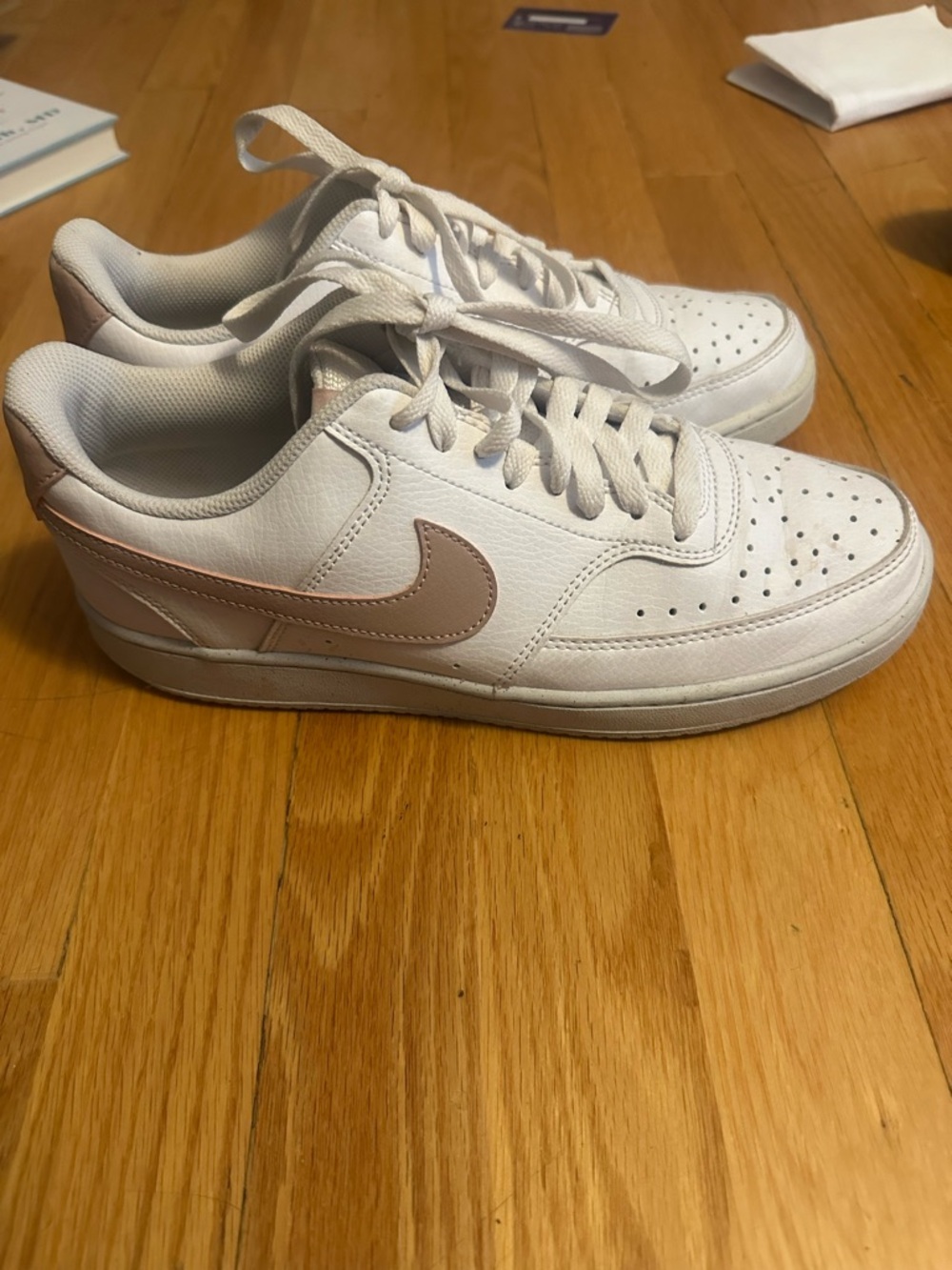 Nike Women's White Sneakers with Light Pink Swoosh